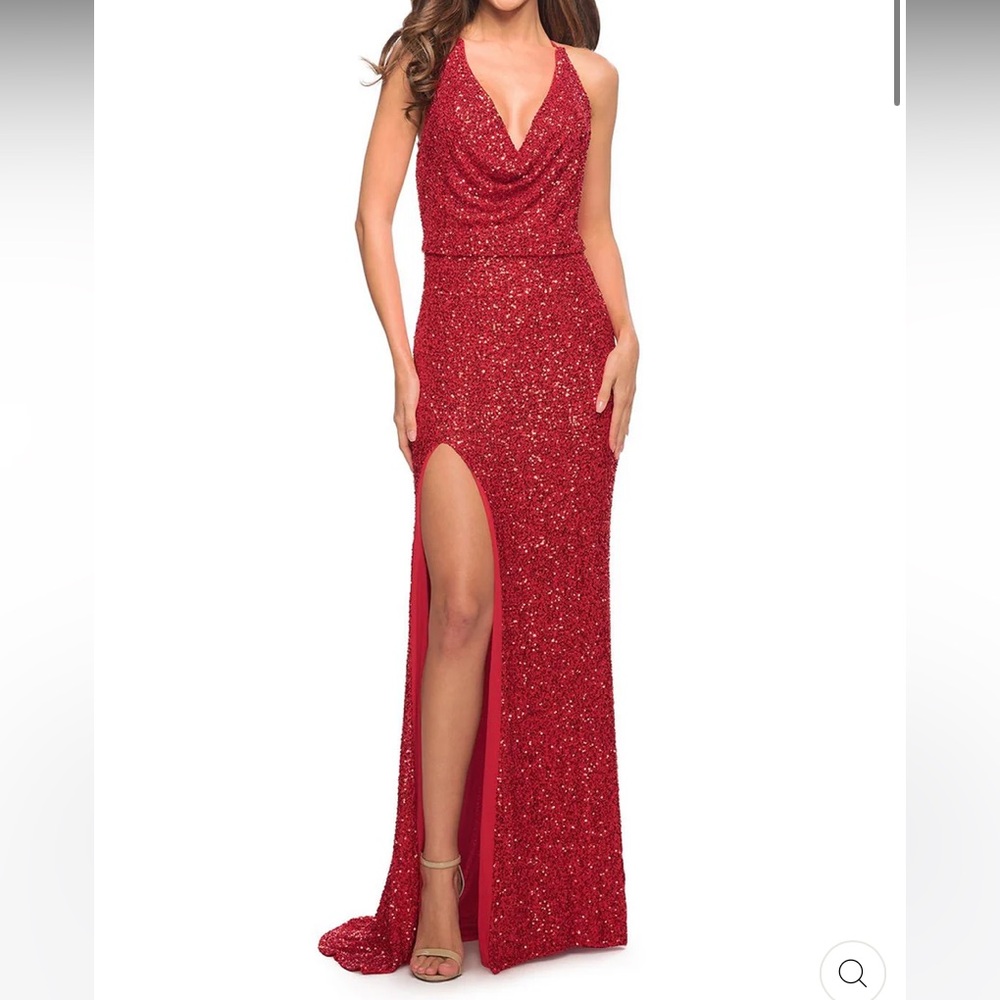La Femme Soft Sequin Dress with Draped Neckline Low Back Red NWT Size 4
